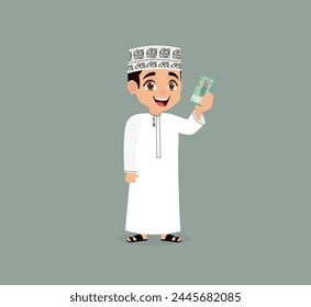 ِArabic boy from Oman is happy with the money he was given on Eid, which is called Eidiya