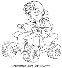 Boy On Atv. Element For Coloring Page. Cartoon Style.