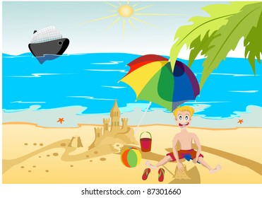 The boy on the beach built a sand castle on the background of the ocean steamer and palm trees