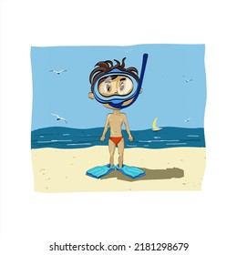 Un niño en la playa. Imagen de color dibujada en un plano gráfico del programa Adobe Illustrator. El dibujo está destinado a la impresión.