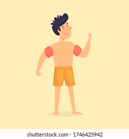 Boy on the beach with sleeves, summer vacation. Flat design vector illustration.