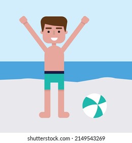 Boy on the beach summer vacation illustration cute vector.