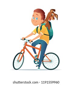 Boy on bicycle with a dog. Friendship of the child and the dog. Vector illustration