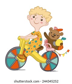 boy on a bicycle with a teddy bear. character in a children's style