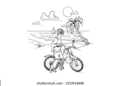 Boy on the bike. Boy diver on the beach with palms vector sketch art. Linear and monochrome. Sunny beach and guy on the cool bike with scuba dive mask and flippers. Vector art.
