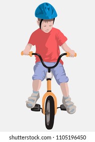 a boy on a bike, dressed in a blue helmet, pink t-shirt and blue shorts, on a white background. Front view