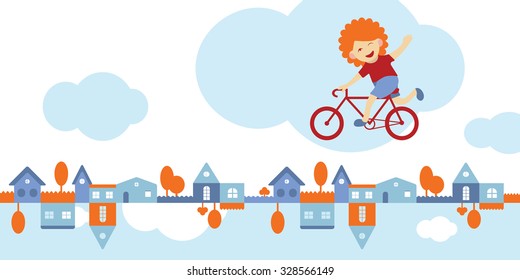 boy on a bike flying over the city