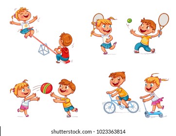 Boy on bike. Girl on scooter. Children ride on a swing. Boy and girl playing with a ball. Brother and sister playing tennis. Funny cartoon character. Isolated on white background. Vector illustration