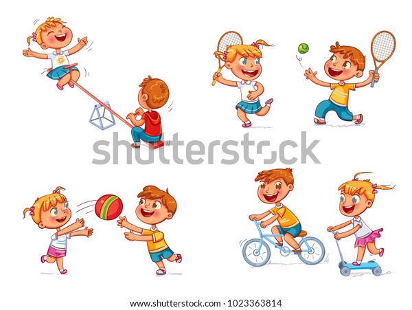 自転車に乗った少年 スクーターに乗った女の子 子供 はスイングに乗る ボールで遊ぶ少年少女 テニスをしている兄と妹 おかしな漫画のキャラクター 白い背景に ベクターイラスト のベクター画像素材 ロイヤリティフリー