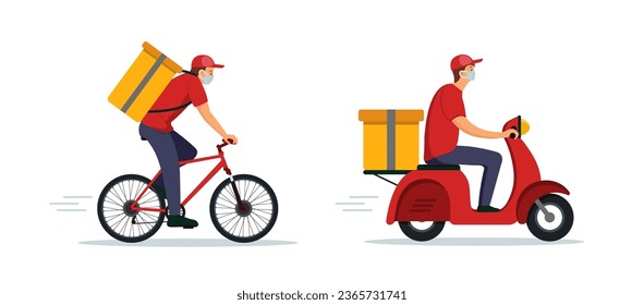 Boy on bike or motorcycle deliver food or an order to address. Courier work. Cyclist ride with bag on bicycle and scooter. Fast, express delivery concept. vector illustration