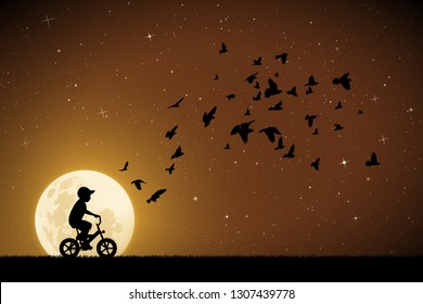 Boy on bike and pigeons on moonlit night. Vector illustration with silhouettes of child on bicycle and flocks of birds in park. Full moon in starry sky