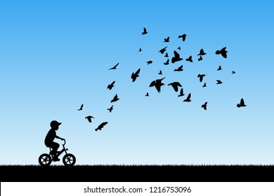 Boy on bike and pigeons in park. Vector illustration with silhouettes of child on bicycle and flocks of birds. Blue pastel background