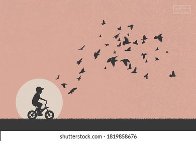 Boy on bike and pigeons in park. Isolated silhouette of child on bicycle and flocks of birds. White sun on peachy texture background. Abstract vector illustration for use in polygraphy, textile