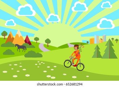 The boy on the bike. Summer. The rest of the city. Vector illustration.