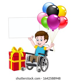 Boy On Black Wheel Chair With Red Birthday Gift Box and Birthday Balloons Cartoon