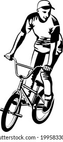 boy on BMX cyclist - black and white vector illustration