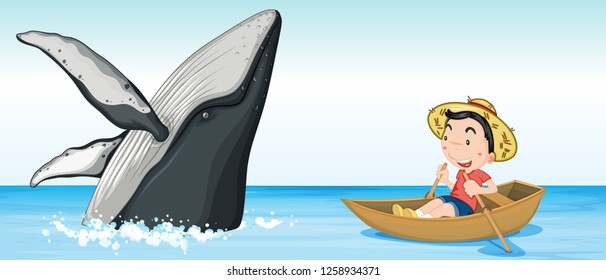 Boy on the boat next to whale illustration