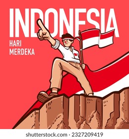 Boy on cliff holding Indonesian flag with great spirit cartoon vector illustration for dirgahayu kemerdekaan indonesia