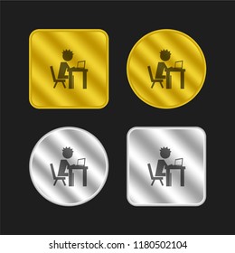 Boy on computer gold and silver metallic coin logo icon design