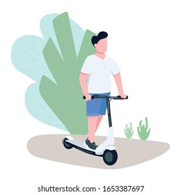 Boy on electric scooter flat color vector faceless character. Young man riding urban transport means, modern city vehicle isolated cartoon illustration for web graphic design and animation