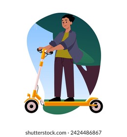 Boy on an electric scooter. Vector illustration in flat design, isolated icon with trees in the background. For lifestyle and travel topics. Ecological transport concept.
