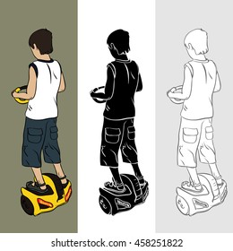 Boy on electric scooter. View color, silhouette, contour on a white background.   