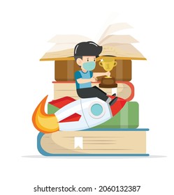 boy on a Flying rocket  with book of Stacks