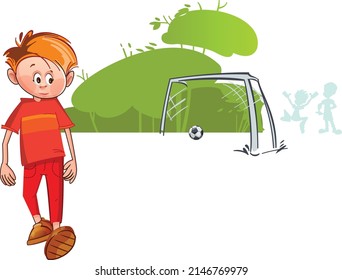 Boy on the football field. Football player in red uniform. The ball is in the goal. The boy leaves the field.