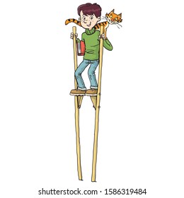 boy high stilts and cat his shoulder