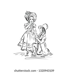 Boy on his knee declares his love to girl. Gentleman and Lady in vintage style from the nineteenth century. Coloring page. 