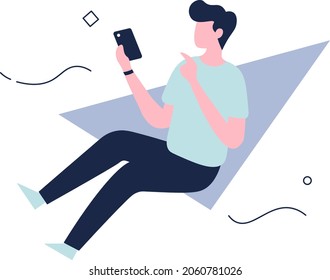 Boy On His Phone Illustration - Amazing illustration of a guy pointing at his phone suitable for website, mobile apps, landing page, news, notification, and illustration - Vector Flat Illustration