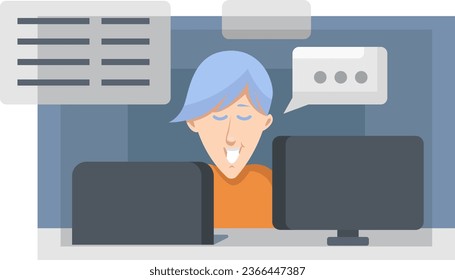 Boy on his workspace, illustration, vector on a white background.