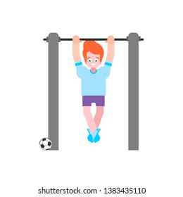 Boy On Horizontal Bar. Pull Up Kid Street Workout. Child Fitness Sport Illustration Cartoon Style