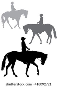 Boy on horseback. Man in a cowboy hat sitting in the saddle. Horse-riding trips.  Horse walks quietly. Silhouette on a white background.