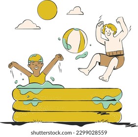 Boy on the inflatable mattress with a ball. Vector illustration.
