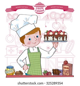 Boy on kitchen with different products cooks food.Separate layers of objects and background for easy editing. Illustration done in cartoon style.
