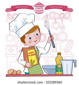 Boy on kitchen with different products cooks food.Separate layers of objects and background for easy editing. Illustration done in cartoon style.