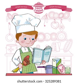 Boy on kitchen with different products cooks food.Separate layers of objects and background for easy editing. Illustration done in cartoon style.