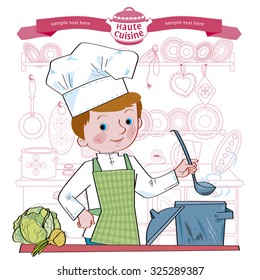 Boy on kitchen with different products cooks food.Separate layers of objects and background for easy editing. Illustration done in cartoon style.