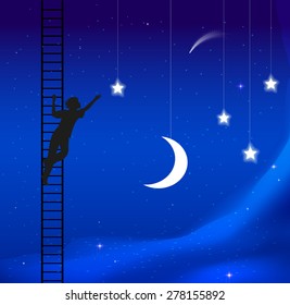 Boy on the ladder trying to take the star, dream, vector