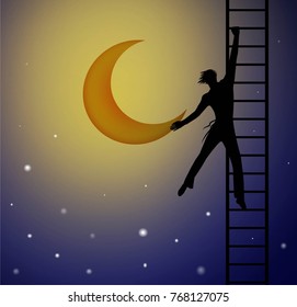 Boy on the ladder trying to take the star, dream, vector