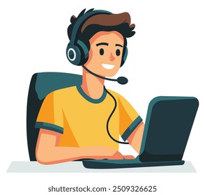 Boy on Laptop Playing Live Games. Flat Vector Illustration