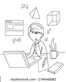 boy on laptop studying online education at home outline vector illustration internet e-learning concept school lesson learning process students graphics isolate on white background