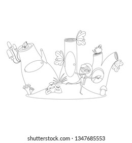 Boy on a meadow with stamps, mushrooms, leaves, grass, a hedgehog and a bird hiding a sack. Black and white sketch, element for a colouring book. Cartoon style illustration. Vector.