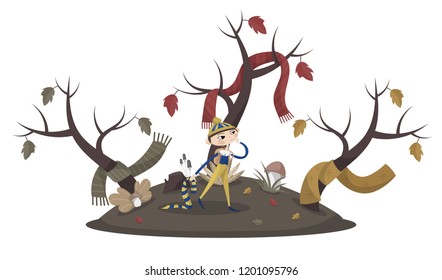 Boy on a meadow with trees, leaves, grass, mushrooms and a stump covering trees with scarves and wearing a bag. White background. Flat cartoon style vector illustration.