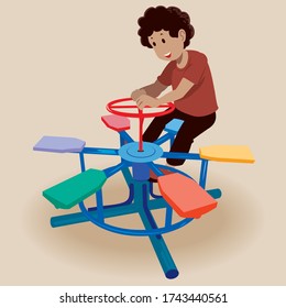 Boy on Merry Go Round in the Park. Vector illustration. 