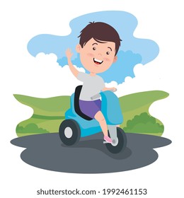 Niño en motocicleta en el paisaje