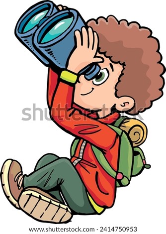 boy on a mountain hike sits and looks through binoculars