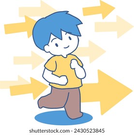 Boy on the Move Forward con flechas orientadoras Esta imagen captura perfectamente la esencia de la determinación y el espíritu juvenil de avanzar.