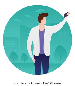 Boy on a picnic taking selfie, tourist flat illustration